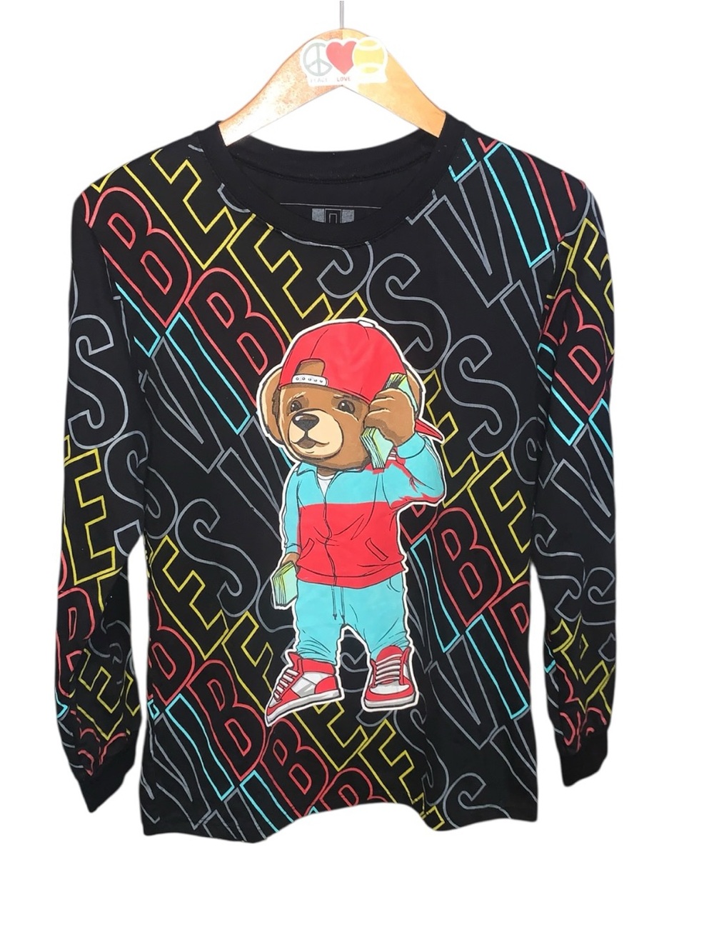 Hustle Vibes Teddy Bear Graphics Black Long Sleeve Cotton T-Shirt Boys XL